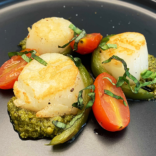 Seared Scallops with Pesto and Pan Roasted Bell Peppers